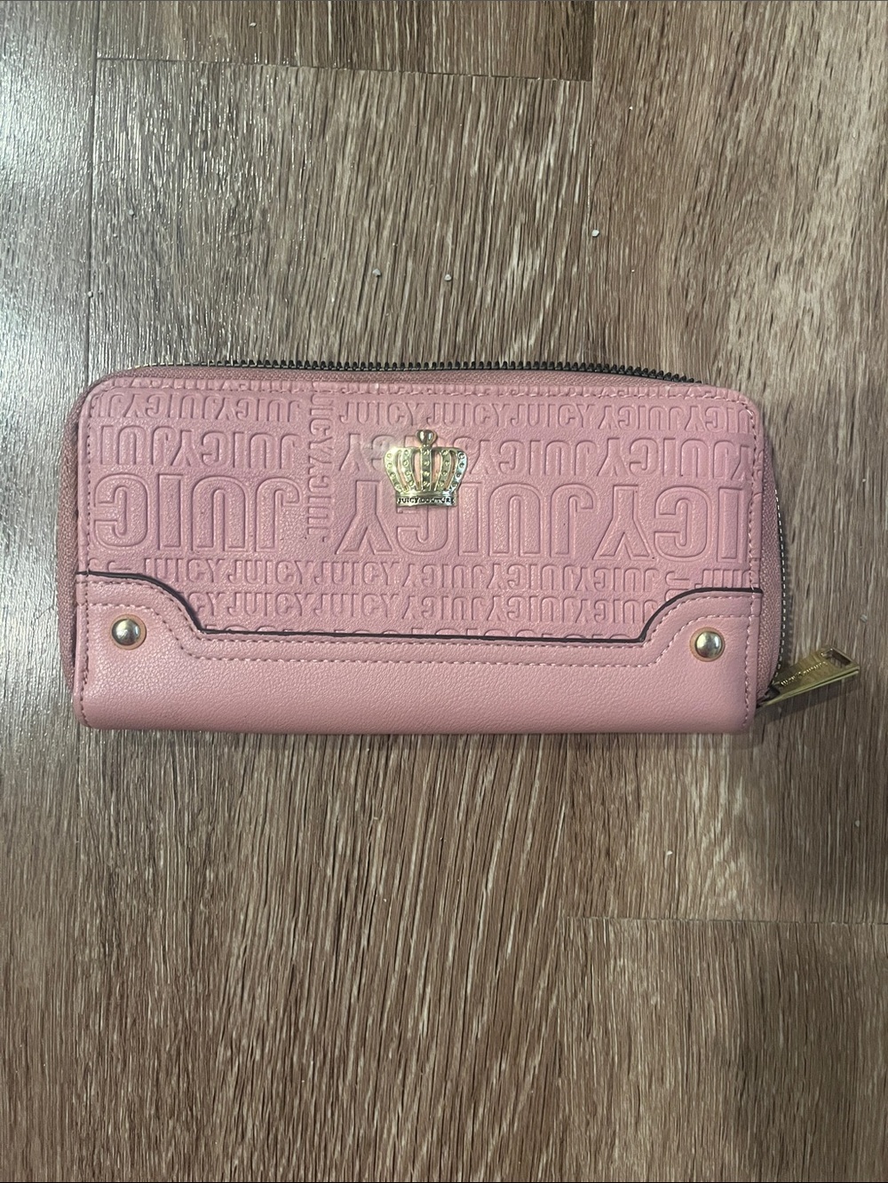 Juicy Couture Rose Pink Embossed Zip Wallet with Gold Crown